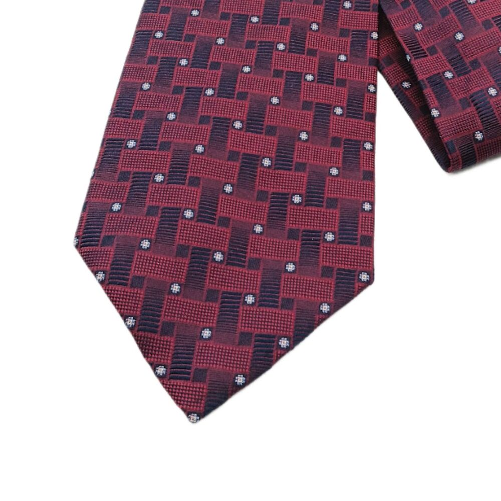 Beau Brummel Soho Silk Tie Mens 59” Burgundy Navy Geometric Vtg Wide New